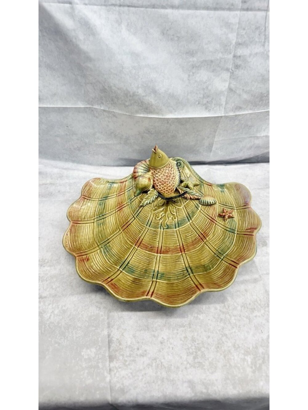 Ceramic Seashell Fish Starfish Coral Serving Bowl Coastal Nautical Majolica 13"